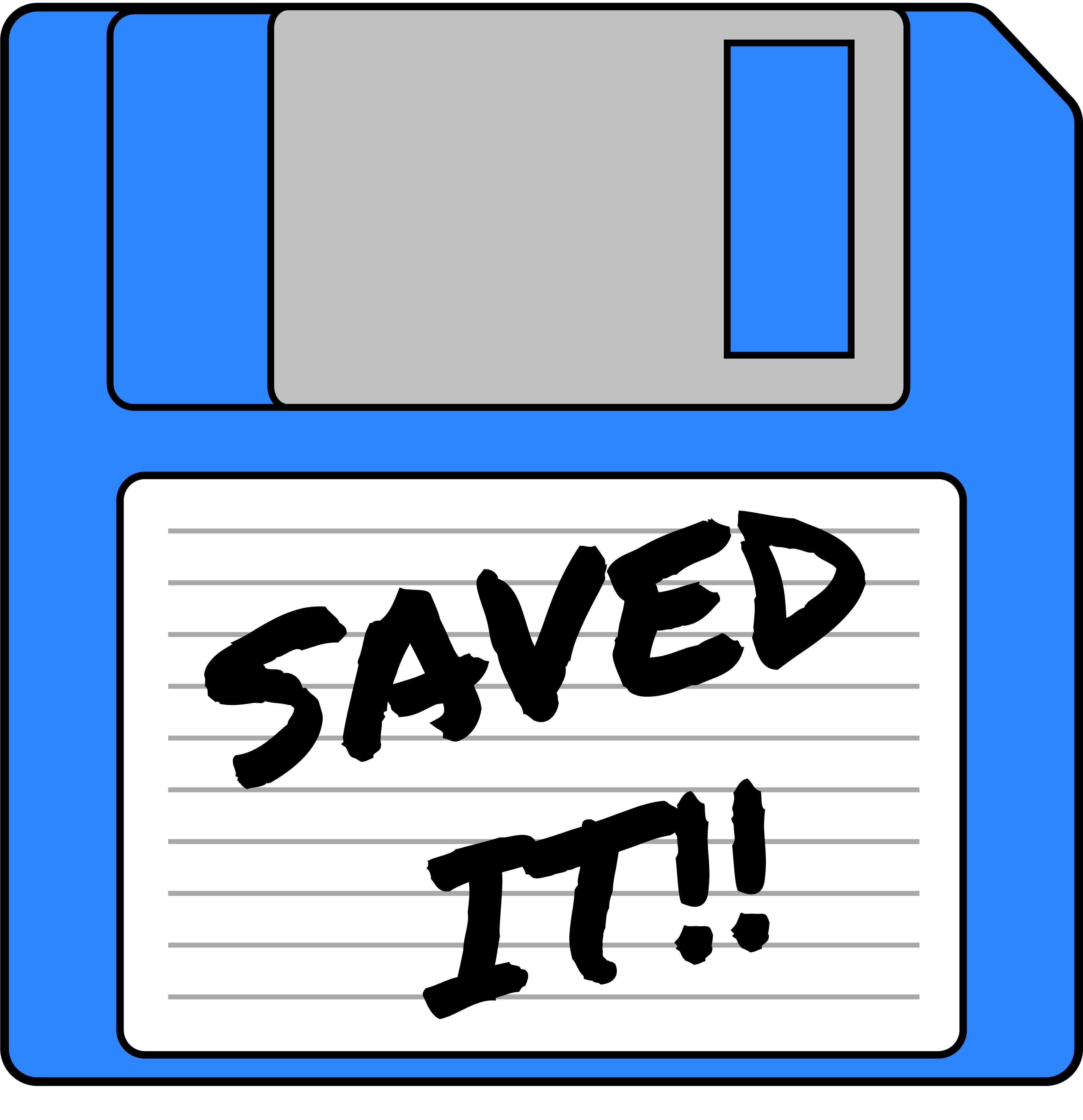A design of a floppy disk that reads 'Saved it!'